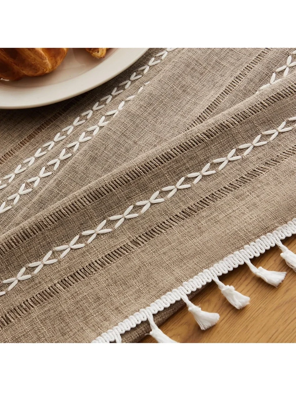 Hemstitched Embroidery Striped Boho Tablecloth 60x120” Cocoa Brown 1845/bb9-1